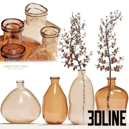 High-resolution 3D model set of Amber Glass Vases with detailed texture and dried branches for rustic/modern interior staging
