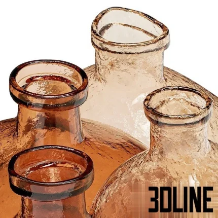 High-resolution 3D model set of Amber Glass Vases with detailed texture and dried branches for rustic/modern interior staging
