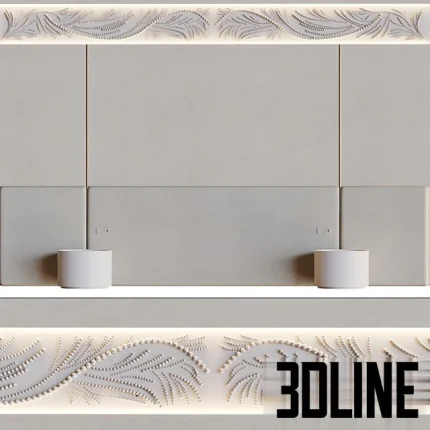 High-resolution 3D model of decorative wall panel with leaf-patterned molding and integrated LED strip lighting