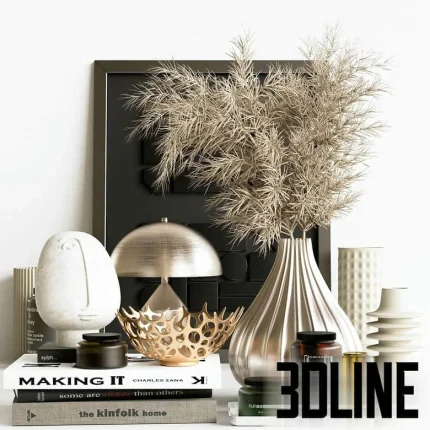 High-resolution 3D model set of luxury console table decor including sculptural vase, abstract face sculpture, and designer table lamp