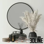 High-resolution 3D model of a modern decorative set with round black mirror, pampas grass vase, books, and candles