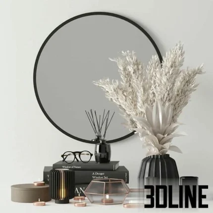 High-resolution 3D model of a modern decorative set with round black mirror, pampas grass vase, books, and candles