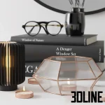 High-resolution 3D model of a modern decorative set with round black mirror, pampas grass vase, books, and candles