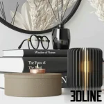 High-resolution 3D model of a modern decorative set with round black mirror, pampas grass vase, books, and candles