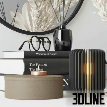 High-resolution 3D model of a modern decorative set with round black mirror, pampas grass vase, books, and candles