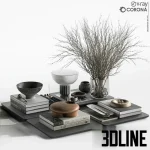 High-resolution 3D model of a modern decorative styling multi-set with books, bowls, glass vase, and dried branches