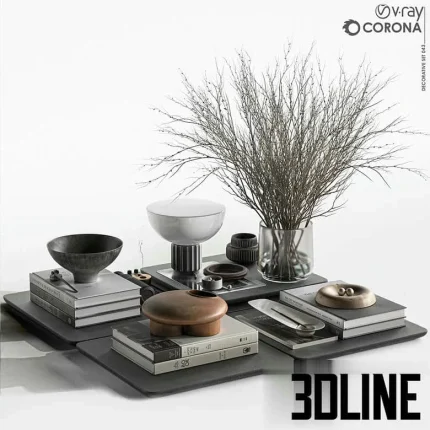 High-resolution 3D model of a modern decorative styling multi-set with books, bowls, glass vase, and dried branches