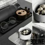 High-resolution 3D model of a modern decorative styling multi-set with books, bowls, glass vase, and dried branches