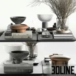 High-resolution 3D model of a modern decorative styling multi-set with books, bowls, glass vase, and dried branches