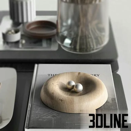 High-resolution 3D model of a modern decorative styling multi-set with books, bowls, glass vase, and dried branches