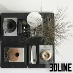 High-resolution 3D model of a modern decorative styling multi-set with books, bowls, glass vase, and dried branches