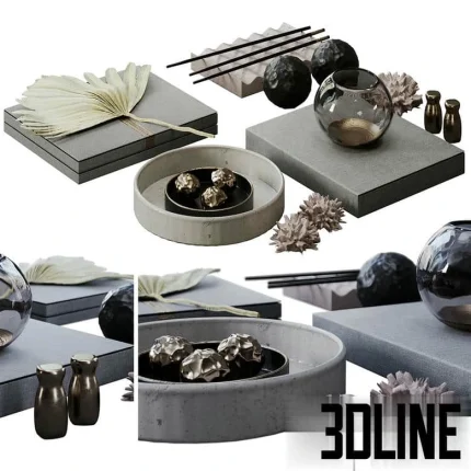 High-end 3D model of a luxury decorative styling set with glass vase, stone boxes, and geometric metal objects for modern interior