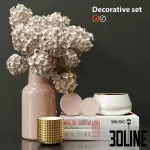 High-resolution 3D model set of pink and gold decorative objects with vase, dried flowers, candles, and stacked books