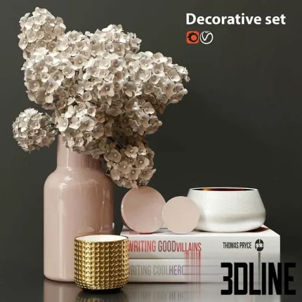 High-resolution 3D model set of pink and gold decorative objects with vase, dried flowers, candles, and stacked books