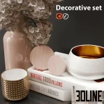 High-resolution 3D model set of pink and gold decorative objects with vase, dried flowers, candles, and stacked books