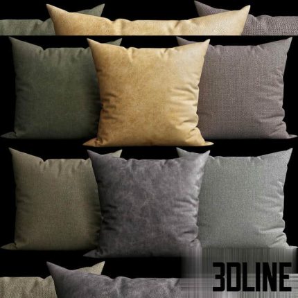 High-resolution 3D model set of decorative throw pillows in various colors and fabric textures for sofa staging