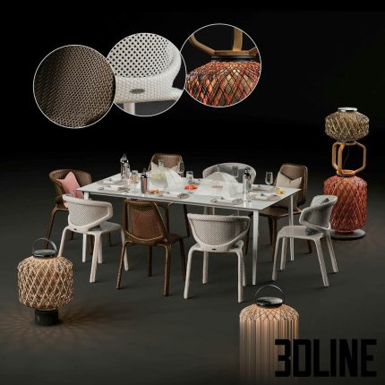 High-resolution 3D model of Dedon outdoor dining set with woven chairs, dining table, and decorative woven floor lanterns