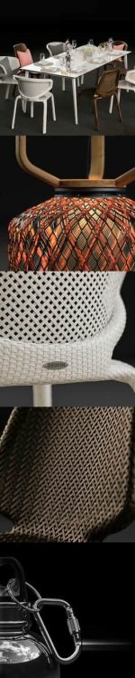 High-resolution 3D model of Dedon outdoor dining set with woven chairs, dining table, and decorative woven floor lanterns