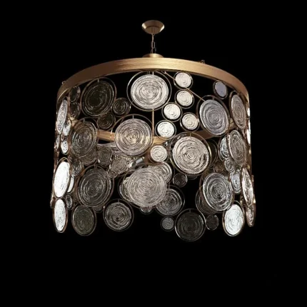 High-detail 3D model of a luxury recycled glass chandelier with circular glass panels and gold frame