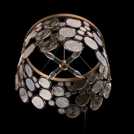 High-detail 3D model of a luxury recycled glass chandelier with circular glass panels and gold frame