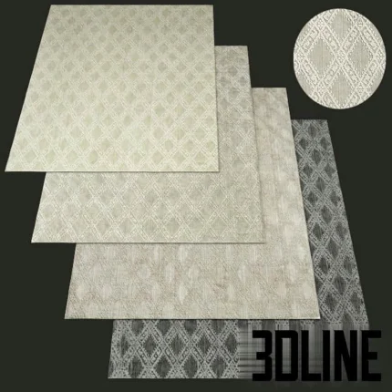 High-resolution 3D material set of 4 Espaldar patterned rugs with geometric texture and neutral color variations for interior flooring