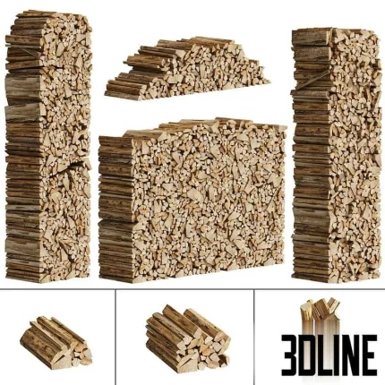 High-detail 3D model set of stacked and packed firewood logs in various formations for fireplace and exterior scene staging