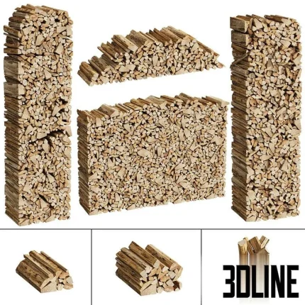 High-detail 3D model set of stacked and packed firewood logs in various formations for fireplace and exterior scene staging