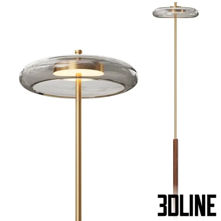 High-quality 3D model of Lampatron MICO FL floor lamp with smoked glass disc shade and brass base for modern interior visualization