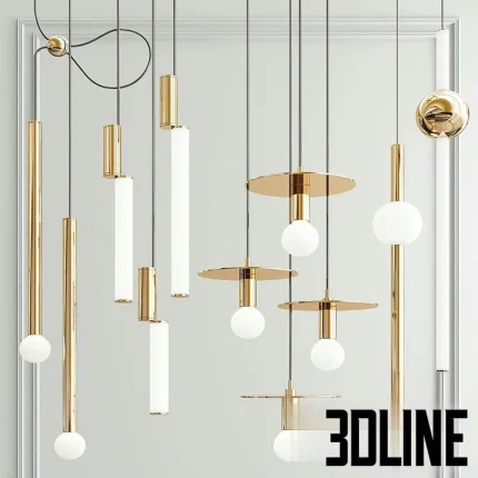 High-resolution 3D model set of modern hanging lights in gold/brass finish with minimalist bulb and cylindrical designs