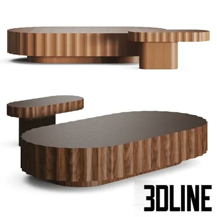 High-end 3D model of Francesco Balzano Blond fluted wooden coffee tables set with two modular round/oval sections