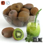High-resolution 3D model of fresh kiwi fruit in a metal bowl and a kiwi mint smoothie drink for kitchen scene