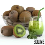 High-resolution 3D model of fresh kiwi fruit in a metal bowl and a kiwi mint smoothie drink for kitchen scene
