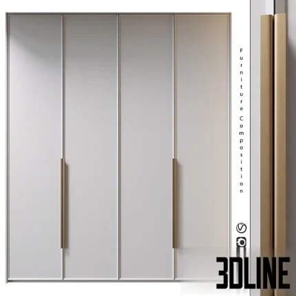 High-resolution 3D model of a modern wardrobe/closet set with large flat panels and vertical gold integrated handles