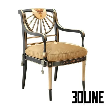 High-resolution 3D model of Galimberti Nino classic armchair with black and gold painted frame and embroidered upholstery