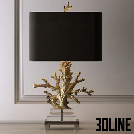 High-end 3D model of a gold coral table lamp with black rectangular shade and clear acrylic base for luxury coastal interior