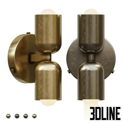 High-end 3D model of In Common With brass up-down sconce with dual cylinder lights for modern industrial interior lighting