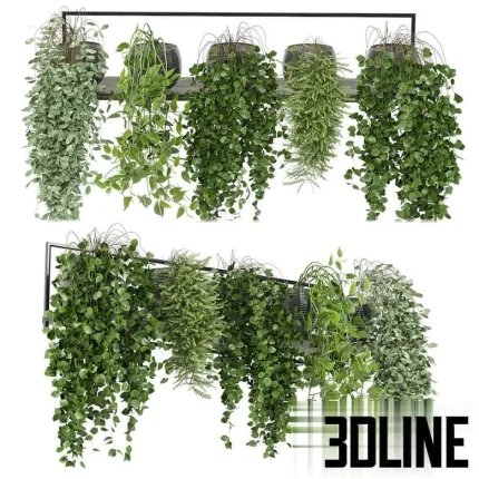 High-detail 3D model set of hanging indoor plants and vines on a metal shelf with rusty concrete pots for rustic interior visualization