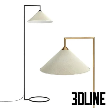High-quality 3D model of a minimalist Iris floor lamp with conical shade and metal frame in black and gold finishes