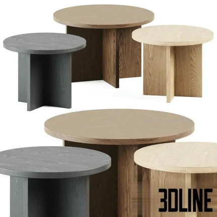 High-quality 3D model set of JYSK KALVEHAVE round wooden coffee tables in various sizes and finishes for Scandinavian interior