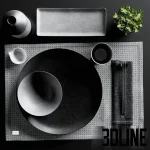 High-resolution 3D model of Japanese minimalist sushi set with dark ceramic plates, chopsticks, and decorative plant
