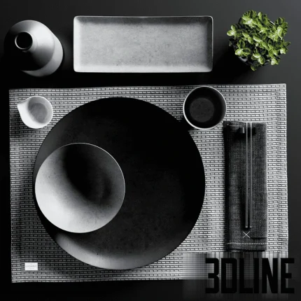 High-resolution 3D model of Japanese minimalist sushi set with dark ceramic plates, chopsticks, and decorative plant