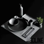 High-resolution 3D model of Japanese minimalist sushi set with dark ceramic plates, chopsticks, and decorative plant