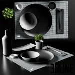 High-resolution 3D model of Japanese minimalist sushi set with dark ceramic plates, chopsticks, and decorative plant