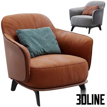 High-end 3D model of KAORI leather and fabric upholstered armchair with contrast stitching for modern interior visualization