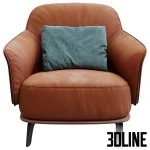 High-end 3D model of KAORI leather and fabric upholstered armchair with contrast stitching for modern interior visualization