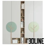 High-quality 3D model of a modern children's wardrobe and shelving unit with tree-shaped handles and storage compartments