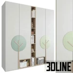 High-quality 3D model of a modern children's wardrobe and shelving unit with tree-shaped handles and storage compartments