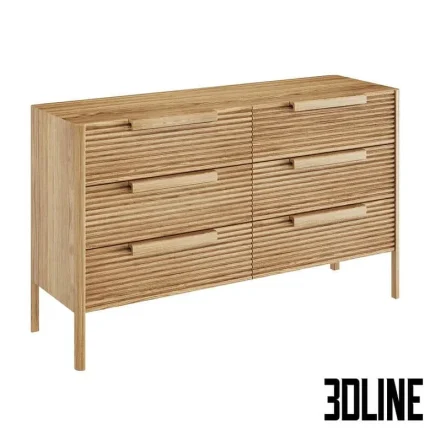High-quality 3D model of a Riffle fluted wood chest of drawers / dresser with six drawers for modern interior render