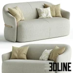 High-end 3D model of Madame Butterfly 2-seater curved sofa with fabric upholstery and decorative throw pillows