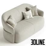 High-end 3D model of Madame Butterfly 2-seater curved sofa with fabric upholstery and decorative throw pillows